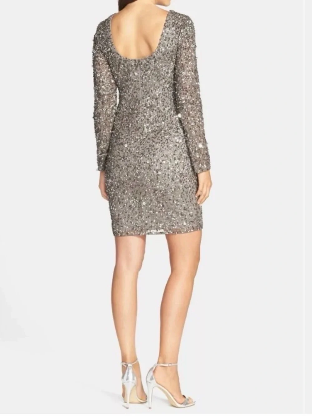 Adrianna Papell Gunmetal Beaded Cocktail Dress Open Back Long Sleeve Size 4 - Picture 2 of 5